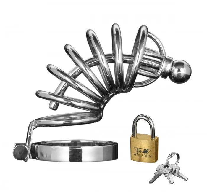 XR Brands Male Sex Toys Masters Asylum 6 Ring Locking Cage WUrethral Plug MdLarge