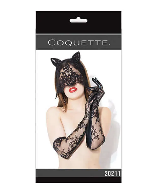 Anal Coquette Lingerie Darque Collection Cat Mask Glove Set Black OS Sexy Costume Accessory by Coquette