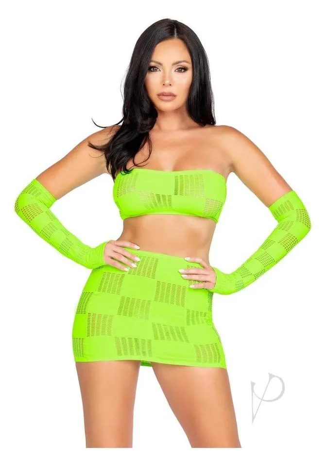 Leg Avenue Ego Trip Checkerboard Bandeau Set Neon Green 3Piece Fishnet Bandeau Mini Skirt Gloves Leg Avenue Inc Female Sex Toys